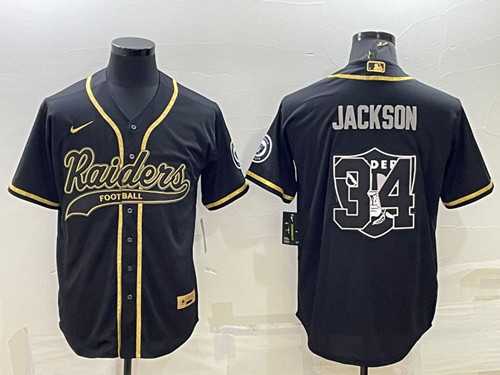 Men%27s Las Vegas Raiders #34 Bo Jackson Black Gold Team Big Logo With Patch Cool Base Stitched Baseball Jersey->las vegas raiders->NFL Jersey
